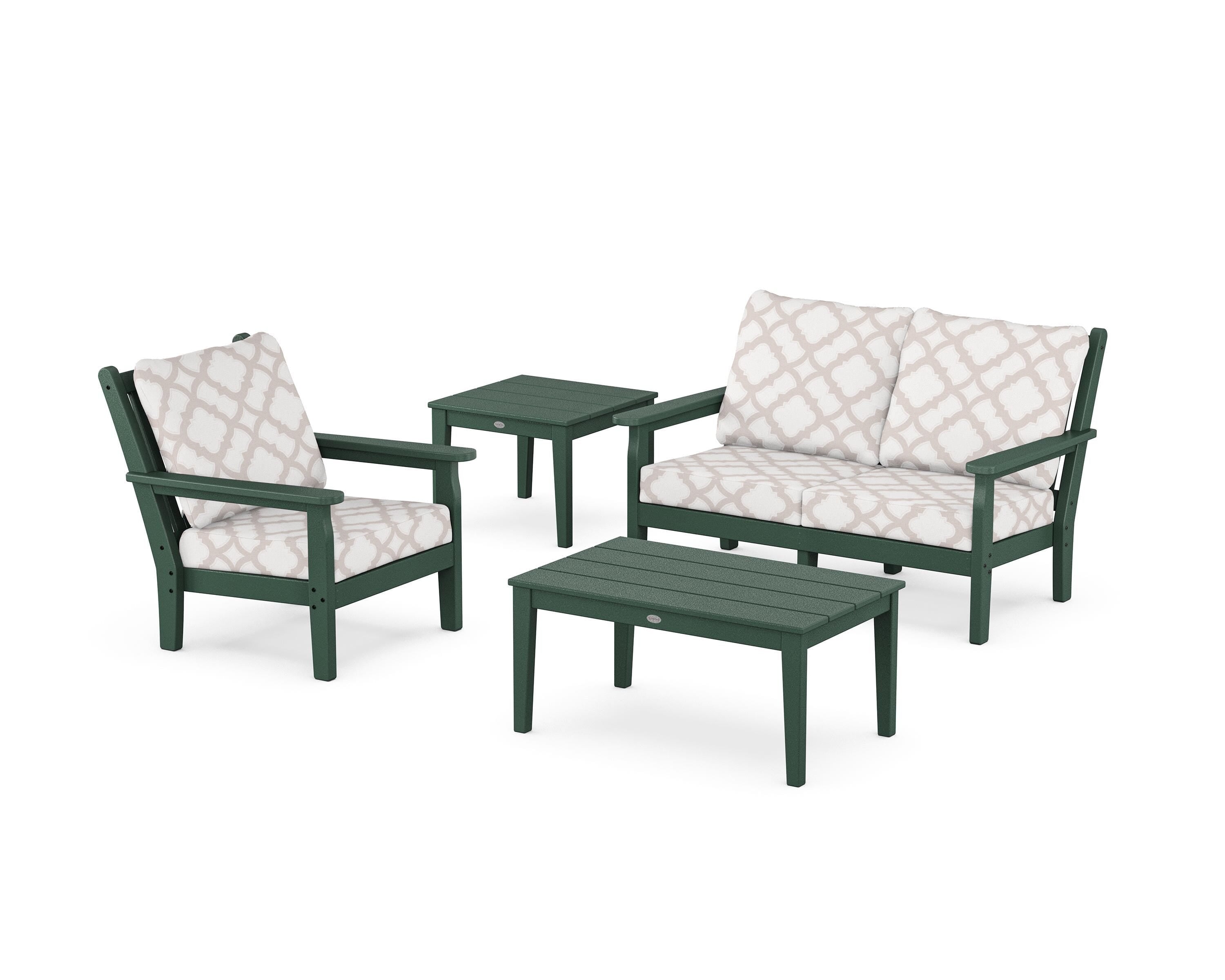 POLYWOOD® Chippendale 4-Piece Deep Seating Set in Green / Trellis Dune Burlap