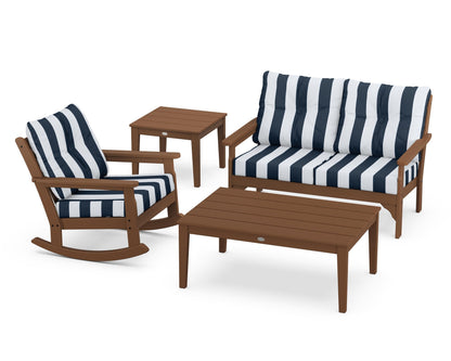 POLYWOOD® Vineyard 4-Piece Deep Seating Rocker Set in Teak / Cabana Stripe Marine Indigo