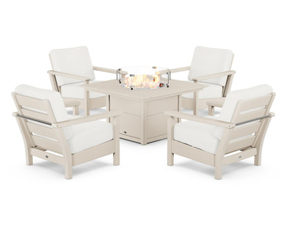 POLYWOOD® Harbour 5-Piece Conversation Set with Fire Pit Table in Sand / Natural Linen
