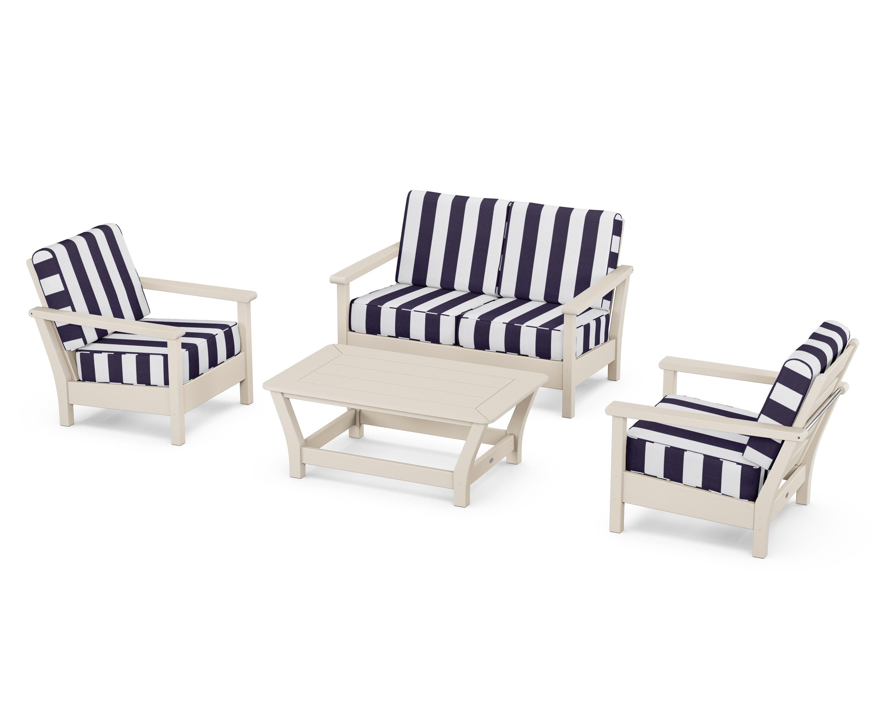 POLYWOOD® Harbour 4-Piece Deep Seating Set in Sand / Cabana Stripe Navy