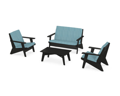 POLYWOOD® Riviera Modern Lounge 4-Piece Set in Black / Lattice Sky Blue