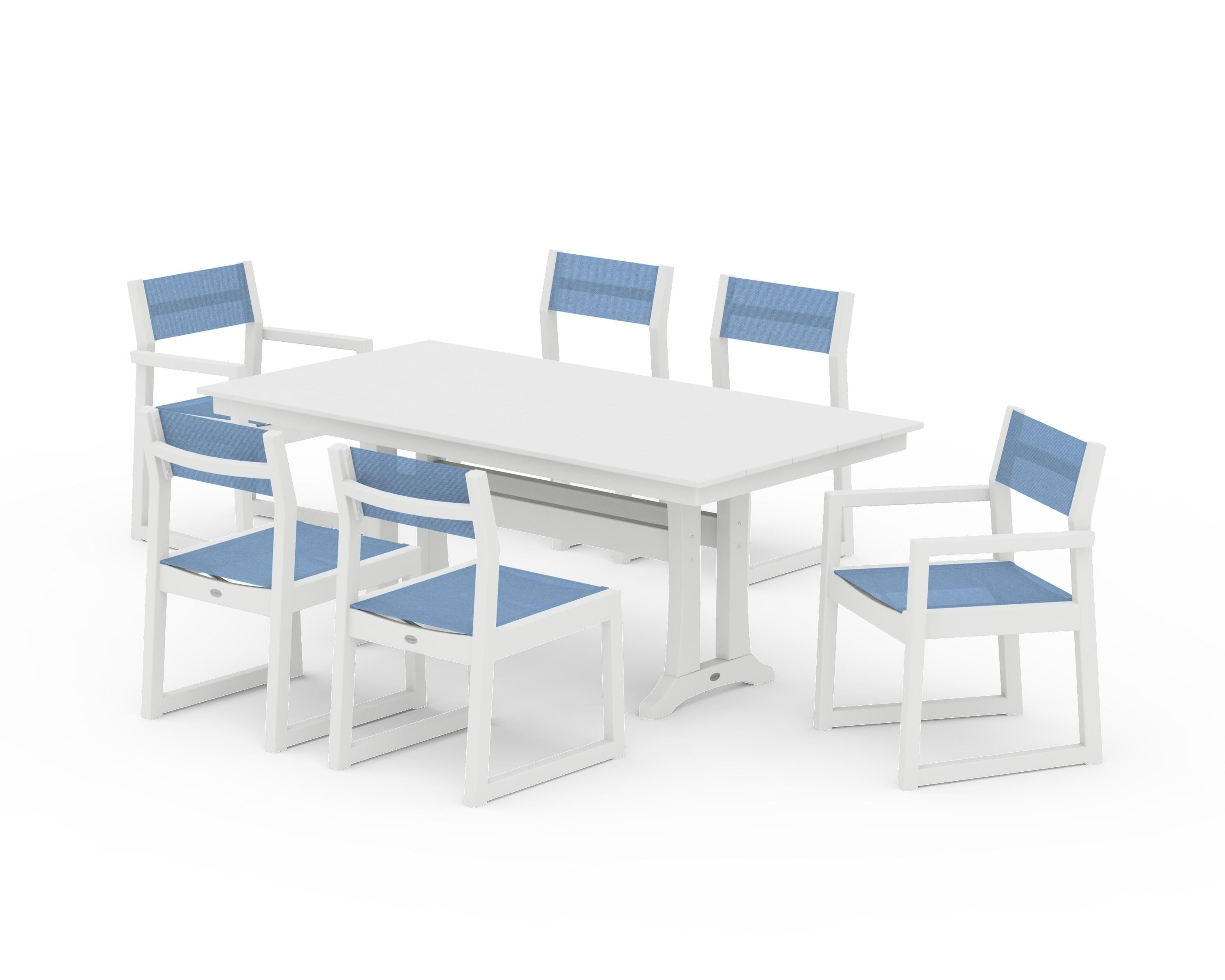 POLYWOOD® EDGE Sling 7-Piece Farmhouse Trestle Dining Set in White / Poolside Sling