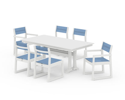 POLYWOOD® EDGE Sling 7-Piece Farmhouse Trestle Dining Set in White / Poolside Sling