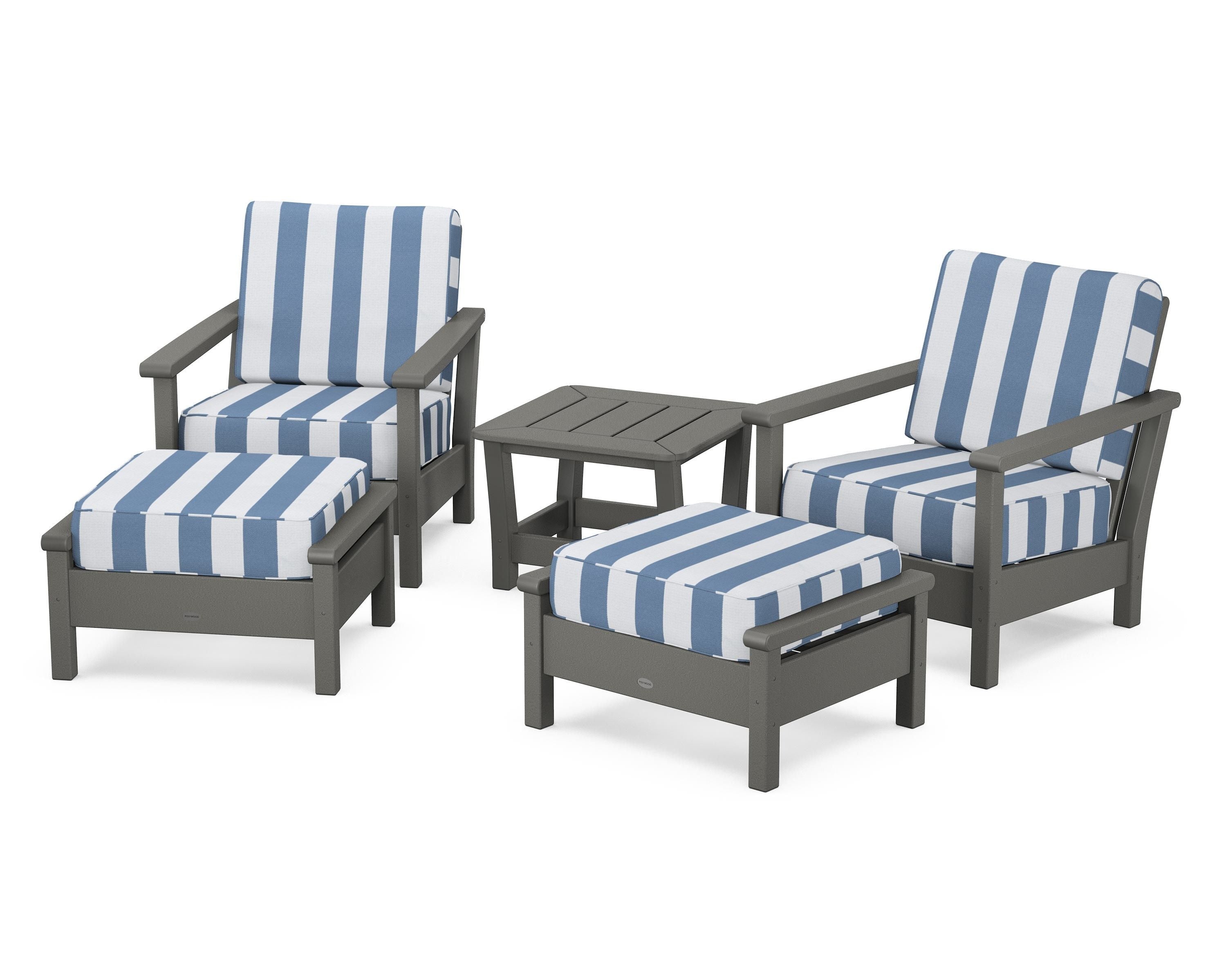 POLYWOOD® Harbour 5-Piece Deep Seating Chair Set in Slate Grey / Cabana Stripe Sky Blue