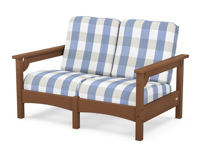 POLYWOOD® Club Loveseat in Teak / Buffalo Plaid Sky Blue