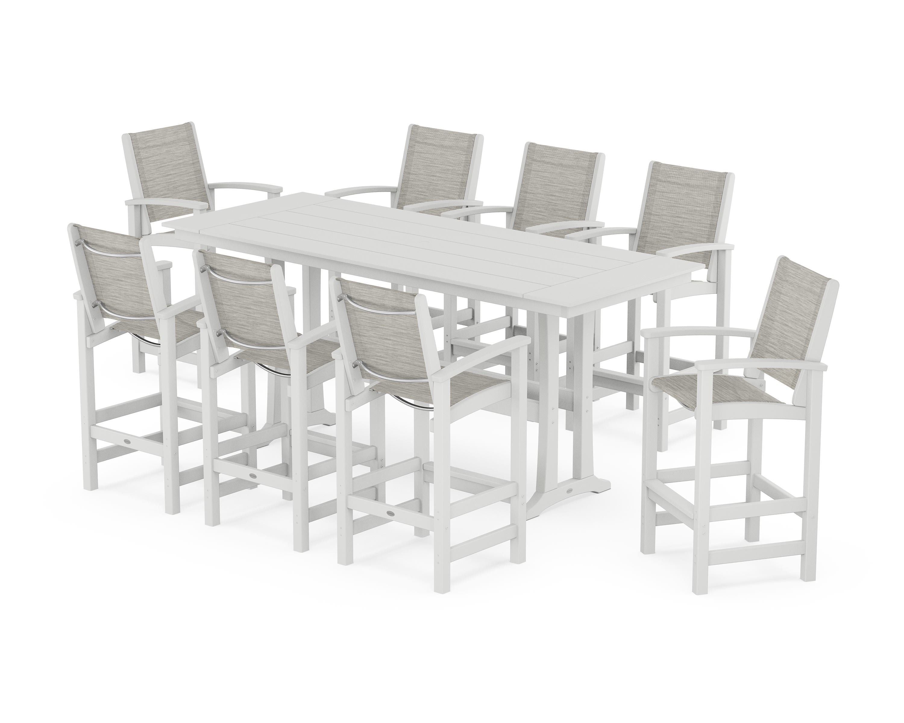 POLYWOOD® Coastal 9-Piece Farmhouse Bar Set with Trestle Legs in White / Birch Sling