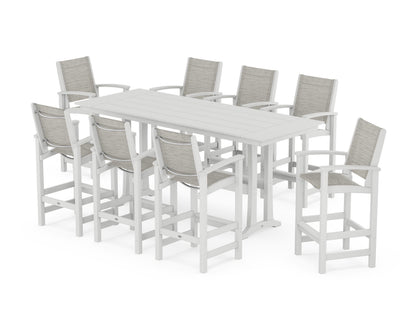 POLYWOOD® Coastal 9-Piece Farmhouse Bar Set with Trestle Legs in White / Birch Sling