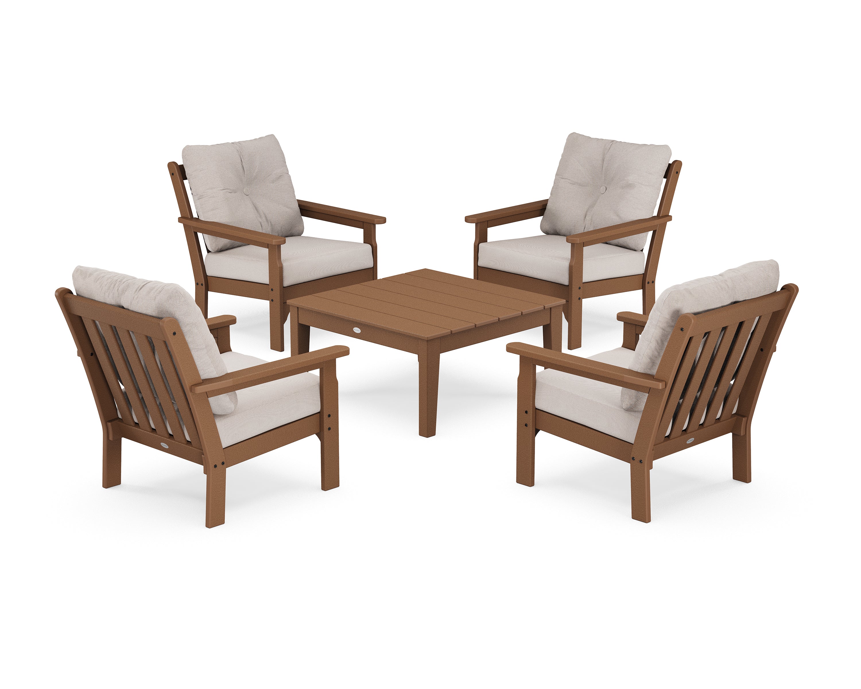 POLYWOOD® Vineyard 5-Piece Deep Seating Conversation Set in Teak / Dune Burlap