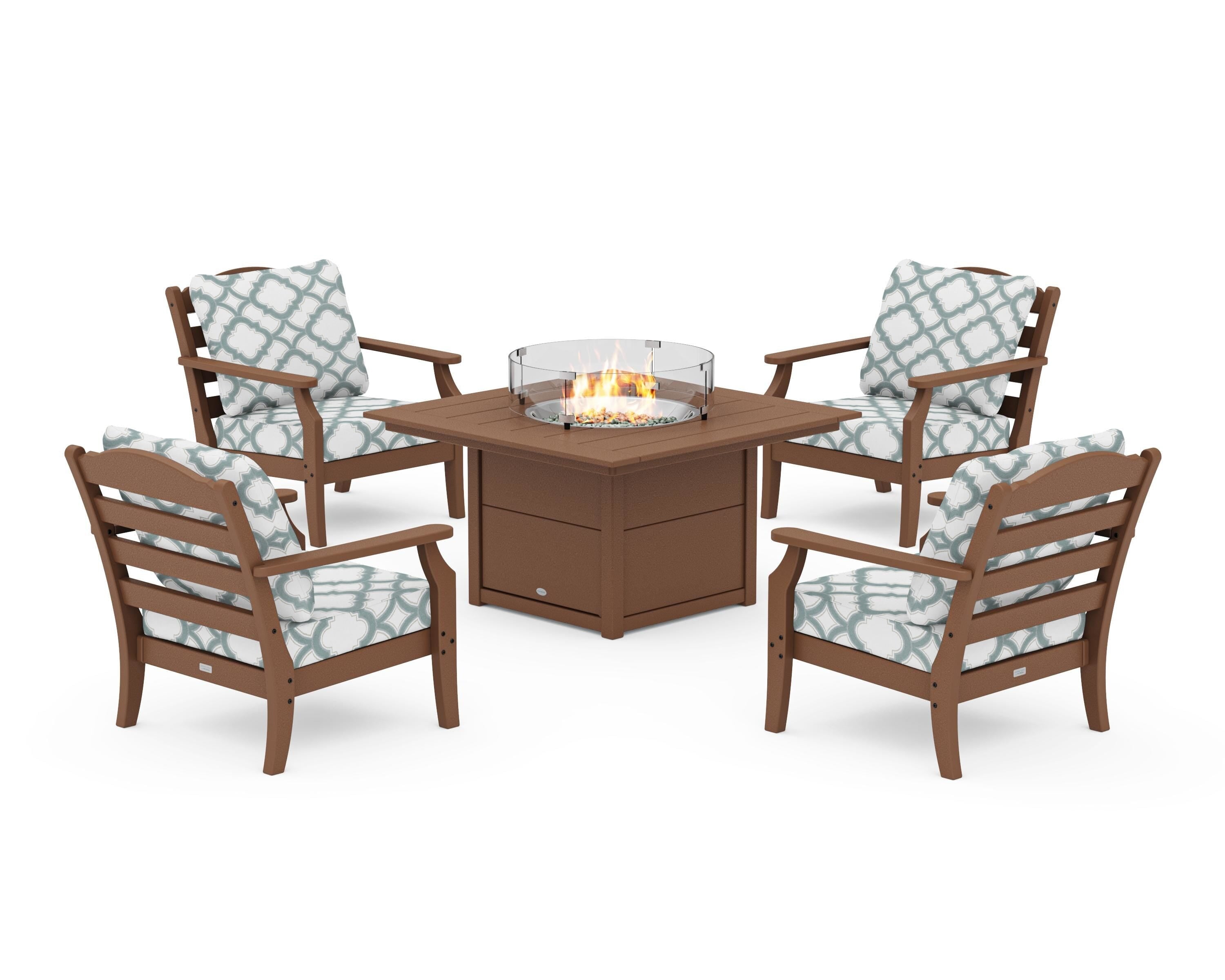 Draper James™ by  POLYWOOD® Savannah 5-Piece Deep Seating Set with Fire Pit Table in Teak / Trellis Glacier Spa