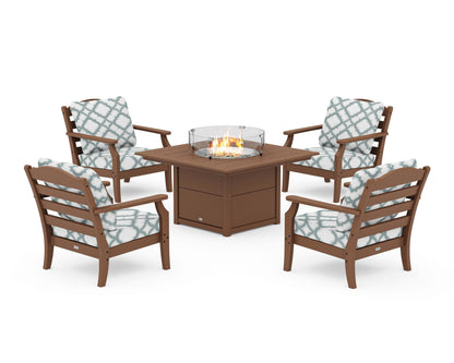 Draper James™ by  POLYWOOD® Savannah 5-Piece Deep Seating Set with Fire Pit Table in Teak / Trellis Glacier Spa