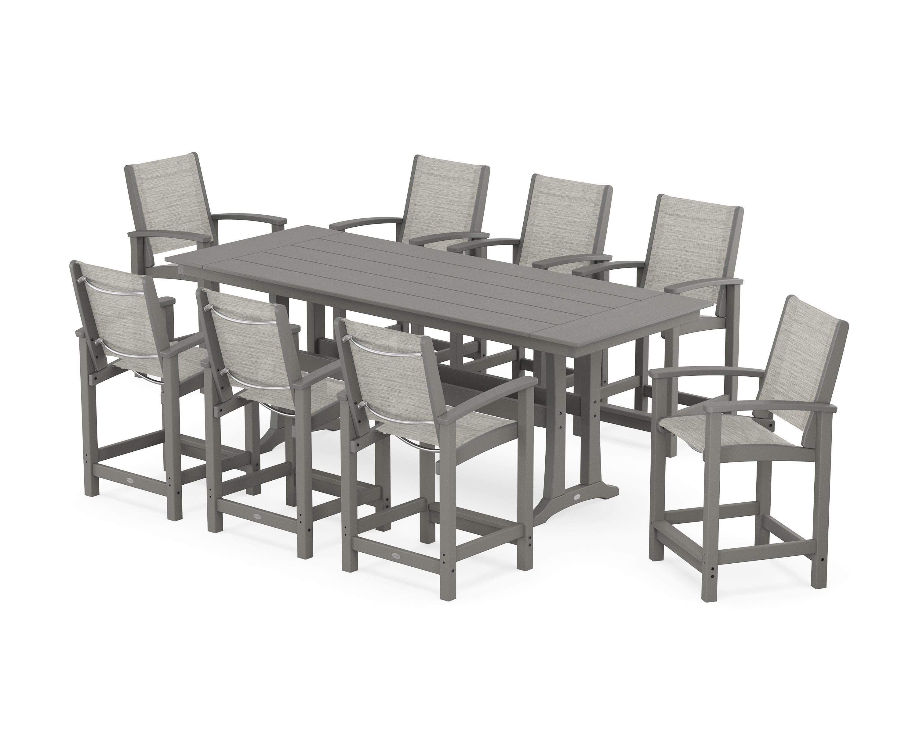 POLYWOOD® Coastal 9-Piece Farmhouse Counter Set with Trestle Legs in Slate Grey / Birch Sling