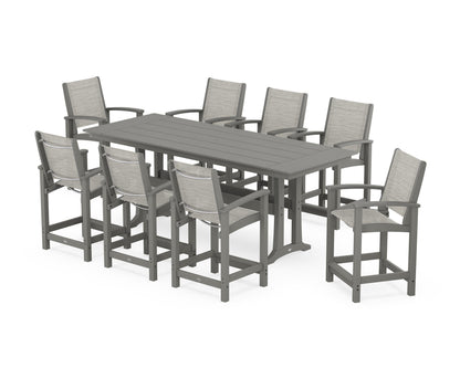 POLYWOOD® Coastal 9-Piece Farmhouse Counter Set with Trestle Legs in Slate Grey / Birch Sling