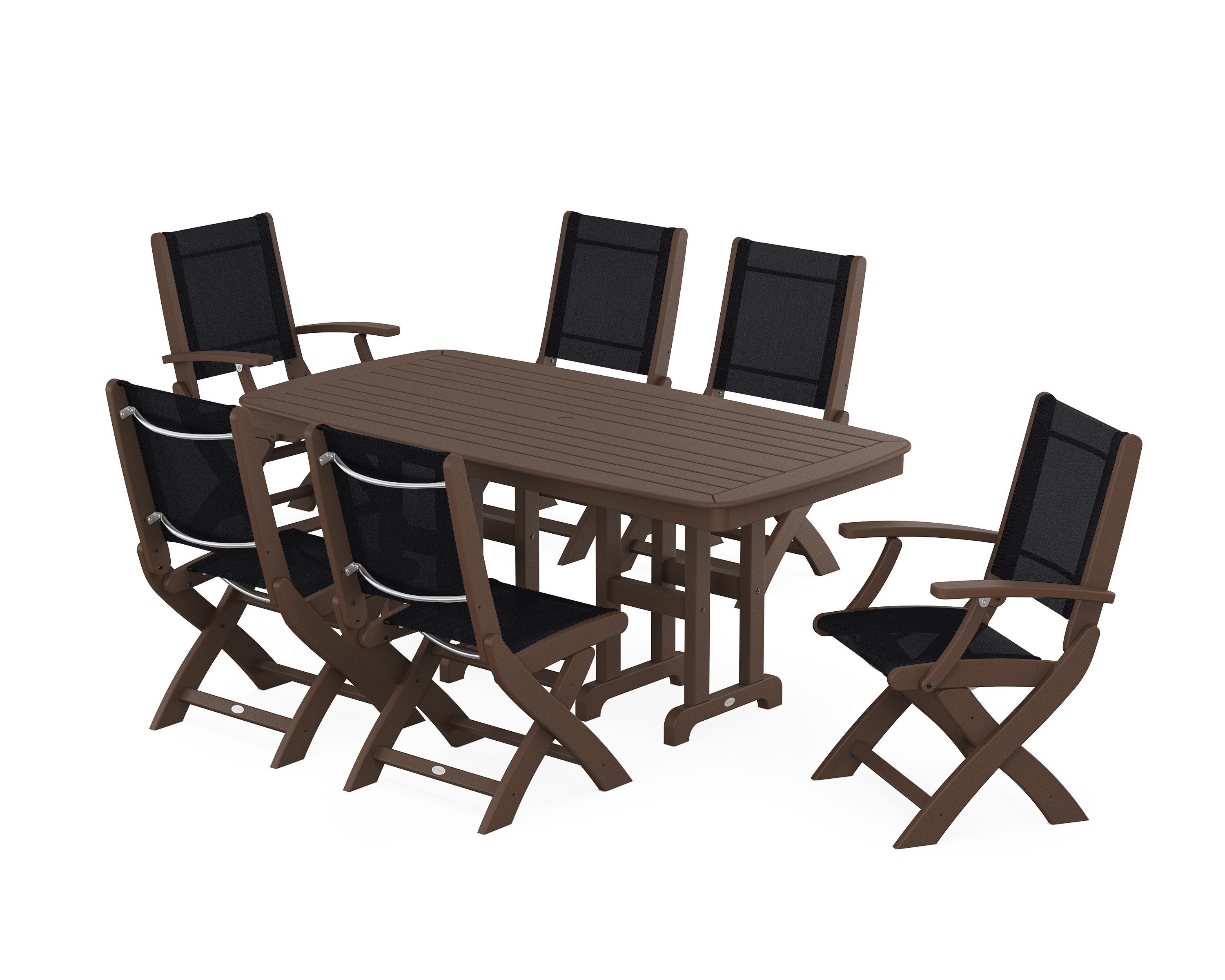 POLYWOOD® Coastal Folding Chair 7-Piece Dining Set in Mahogany / Black Sling