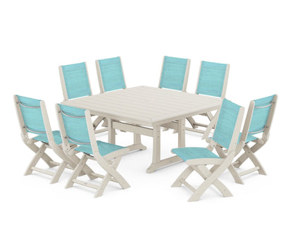 POLYWOOD® Coastal Folding Side Chair 9-Piece Dining Set with Trestle Legs in Sand / Dupioni Aquamarine Sling