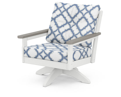 POLYWOOD® Vineyard Deep Seating Swivel Chair in White / Driftwood / Trellis Sky Blue
