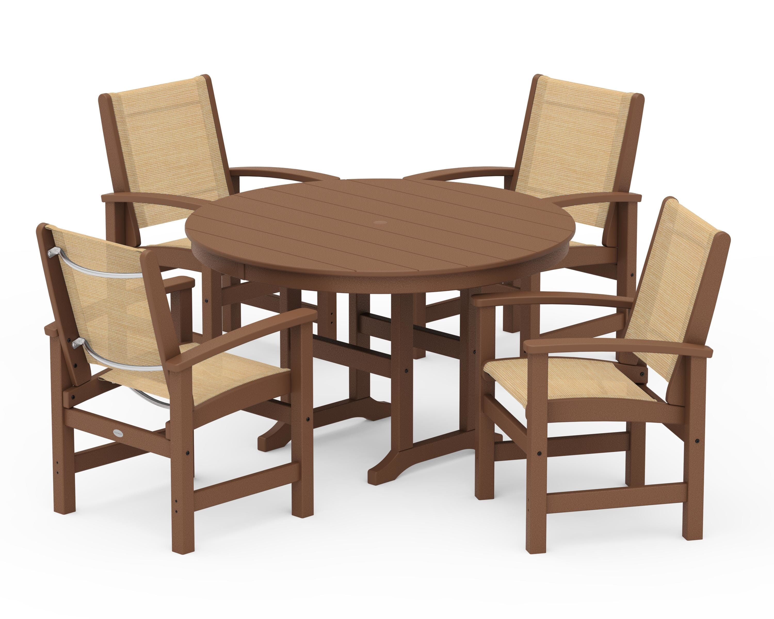 POLYWOOD® Coastal 5-Piece Round Farmhouse Dining Set in Teak / Dupioni Apricot Sling