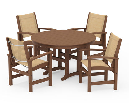 POLYWOOD® Coastal 5-Piece Round Farmhouse Dining Set in Teak / Dupioni Apricot Sling