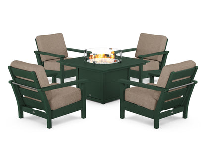 POLYWOOD® Harbour 5-Piece Conversation Set with Fire Pit Table in Green / Spiced Burlap