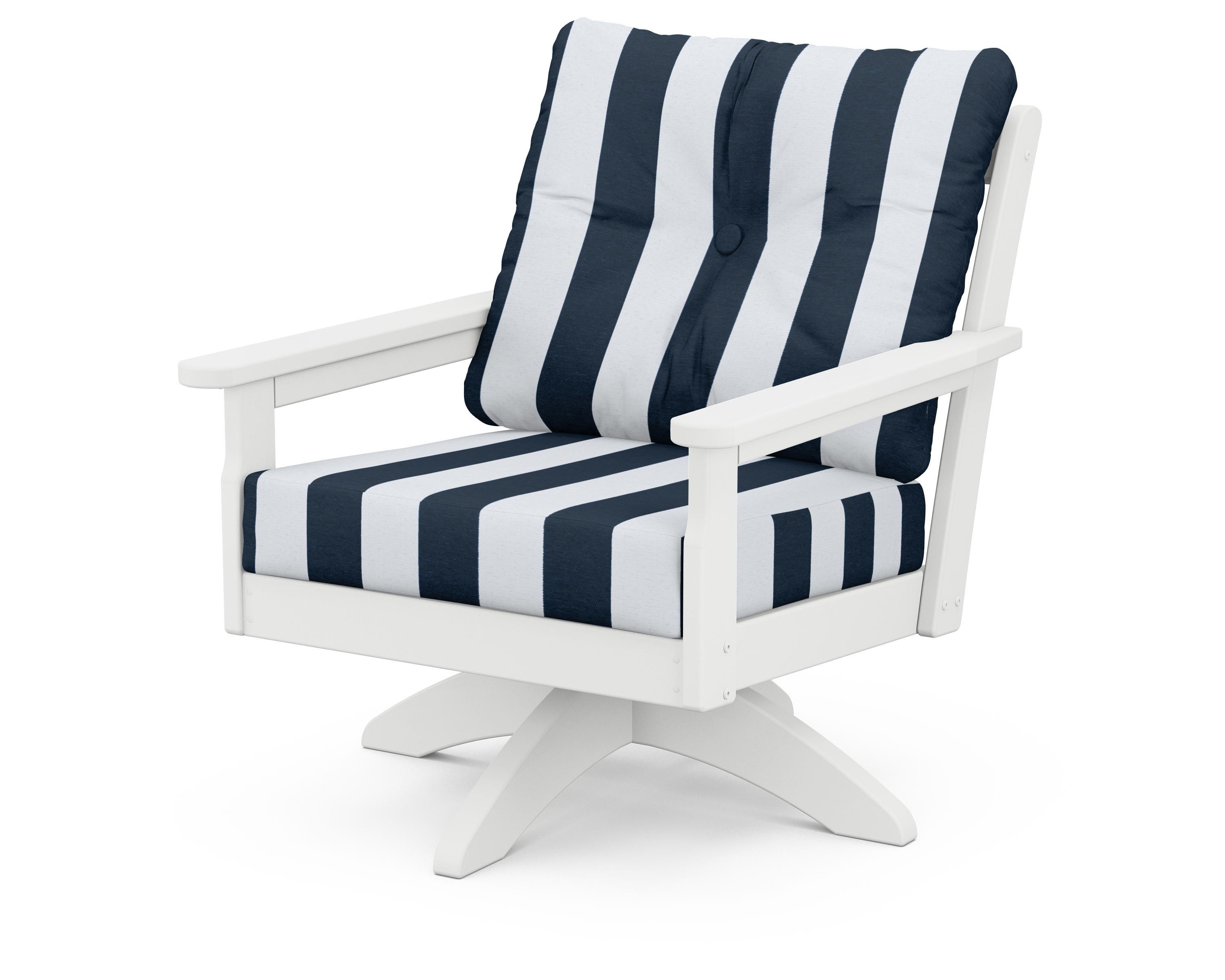 POLYWOOD® Vineyard Deep Seating Swivel Chair in White / Cabana Stripe Marine Indigo