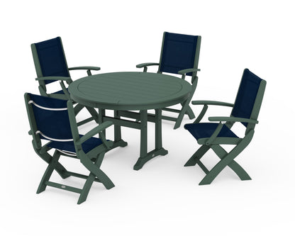 POLYWOOD® Coastal Folding Chair 5-Piece Round Dining Set with Trestle Legs in Green / Navy Blue Sling
