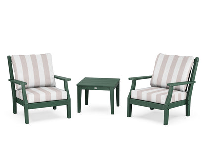 Country Living Wovendale 3-Piece Deep Seating Set in Green / Cabana Stripe Dune Burlap