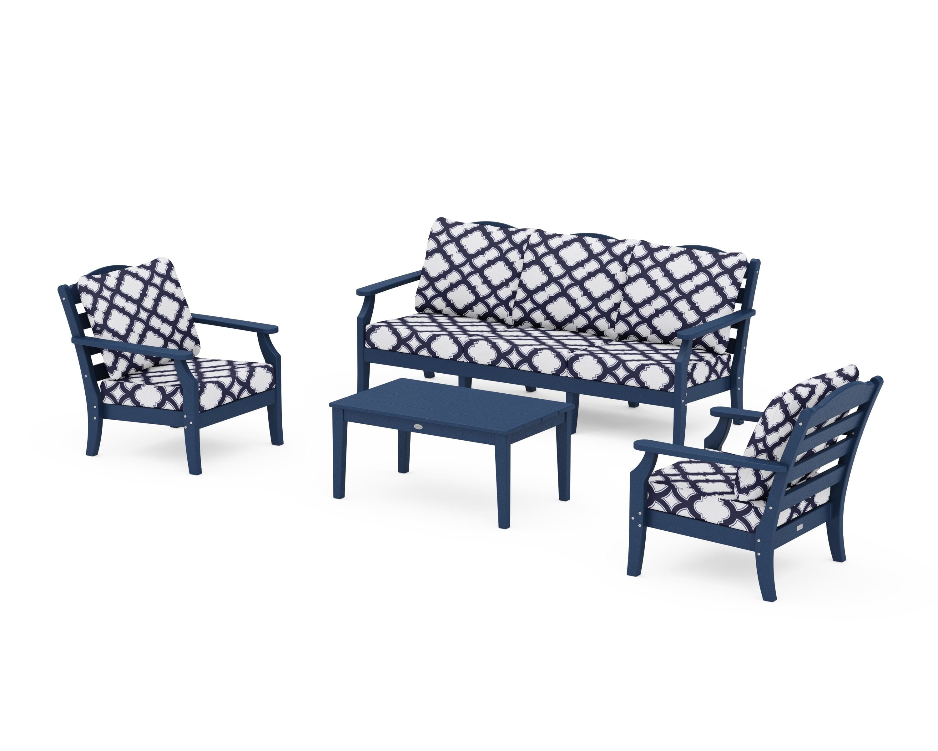 Draper James™ by  POLYWOOD® Savannah 4-Piece Deep Seating Set with Sofa in Navy / Trellis Navy