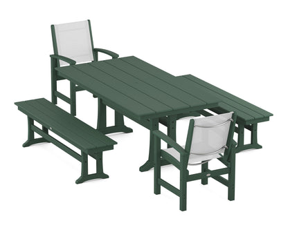 POLYWOOD® Coastal 5-Piece Farmhouse Dining Set with Trestle Legs and Benches in Green / White Sling