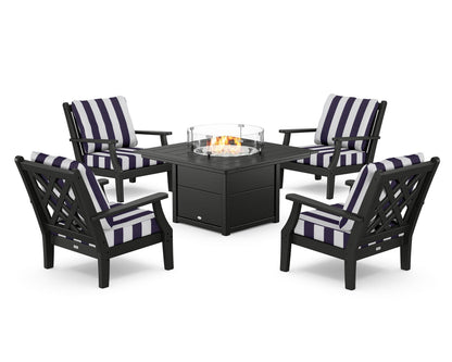 Country Living Wovendale 5-Piece Deep Seating Set with Fire Pit Table in Black / Cabana Stripe Navy
