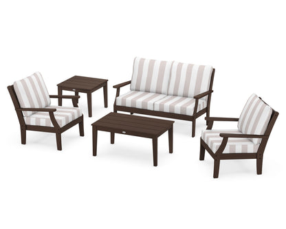 POLYWOOD® Braxton 5-Piece Deep Seating Set in Mahogany / Cabana Stripe Dune Burlap