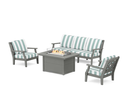 Martha Stewart by POLYWOOD® Chinoiserie Deep Seating Fire Pit Table Set in Slate Grey / Cabana Stripe Glacier Spa