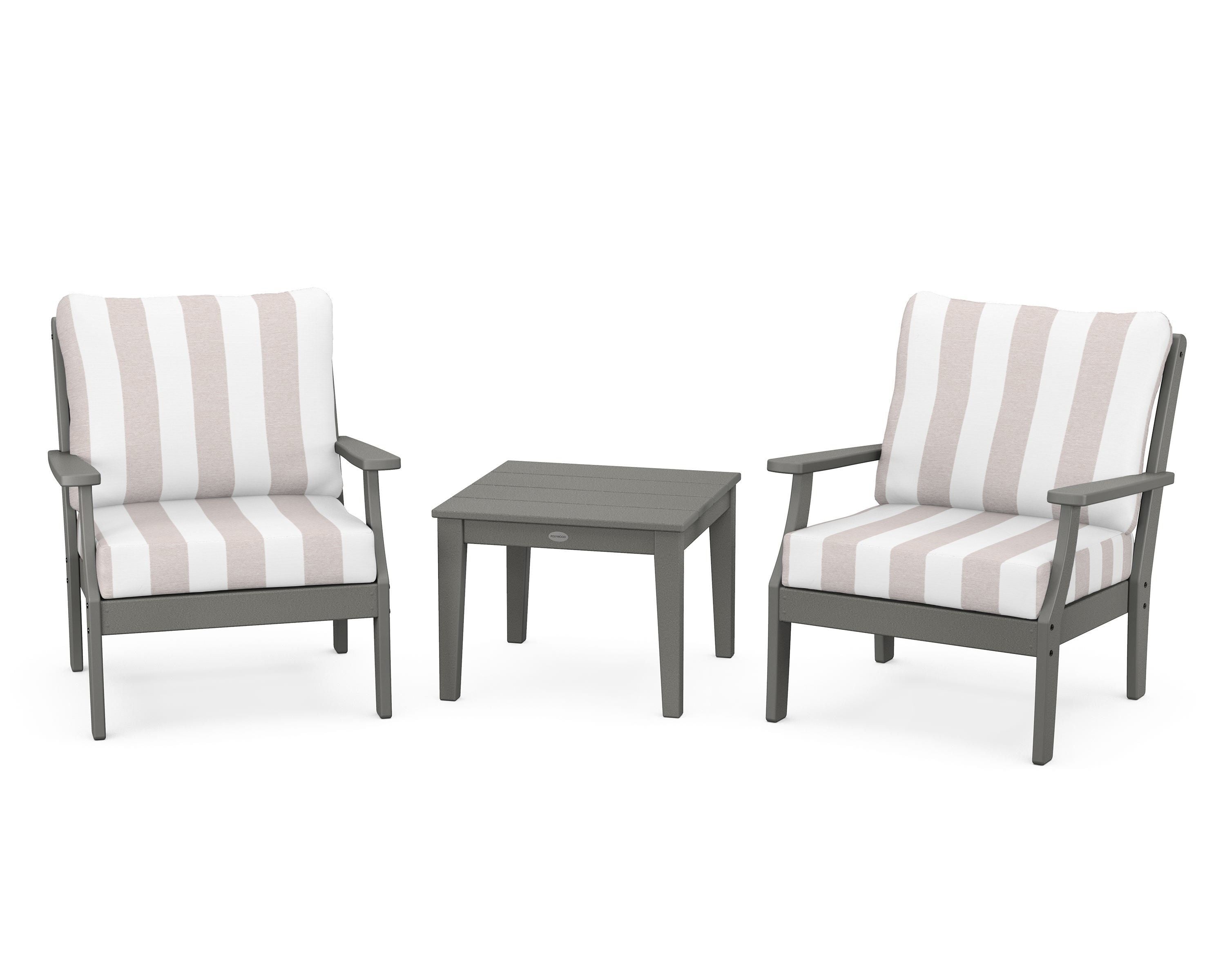 POLYWOOD® Braxton 3-Piece Deep Seating Set in Slate Grey / Cabana Stripe Dune Burlap