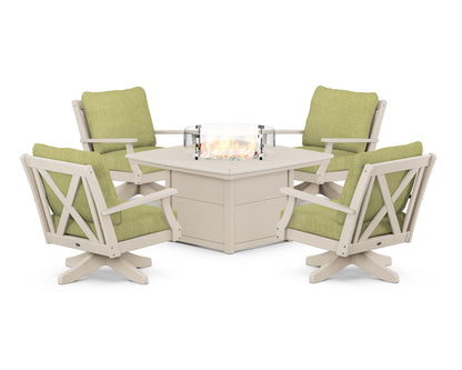 POLYWOOD® Braxton 5-Piece Deep Seating Swivel Conversation Set with Fire Pit Table in Sand / Chartreuse Boucle