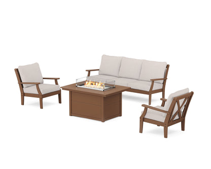 POLYWOOD® Braxton Deep Seating Fire Pit Table Set in Teak / Dune Burlap