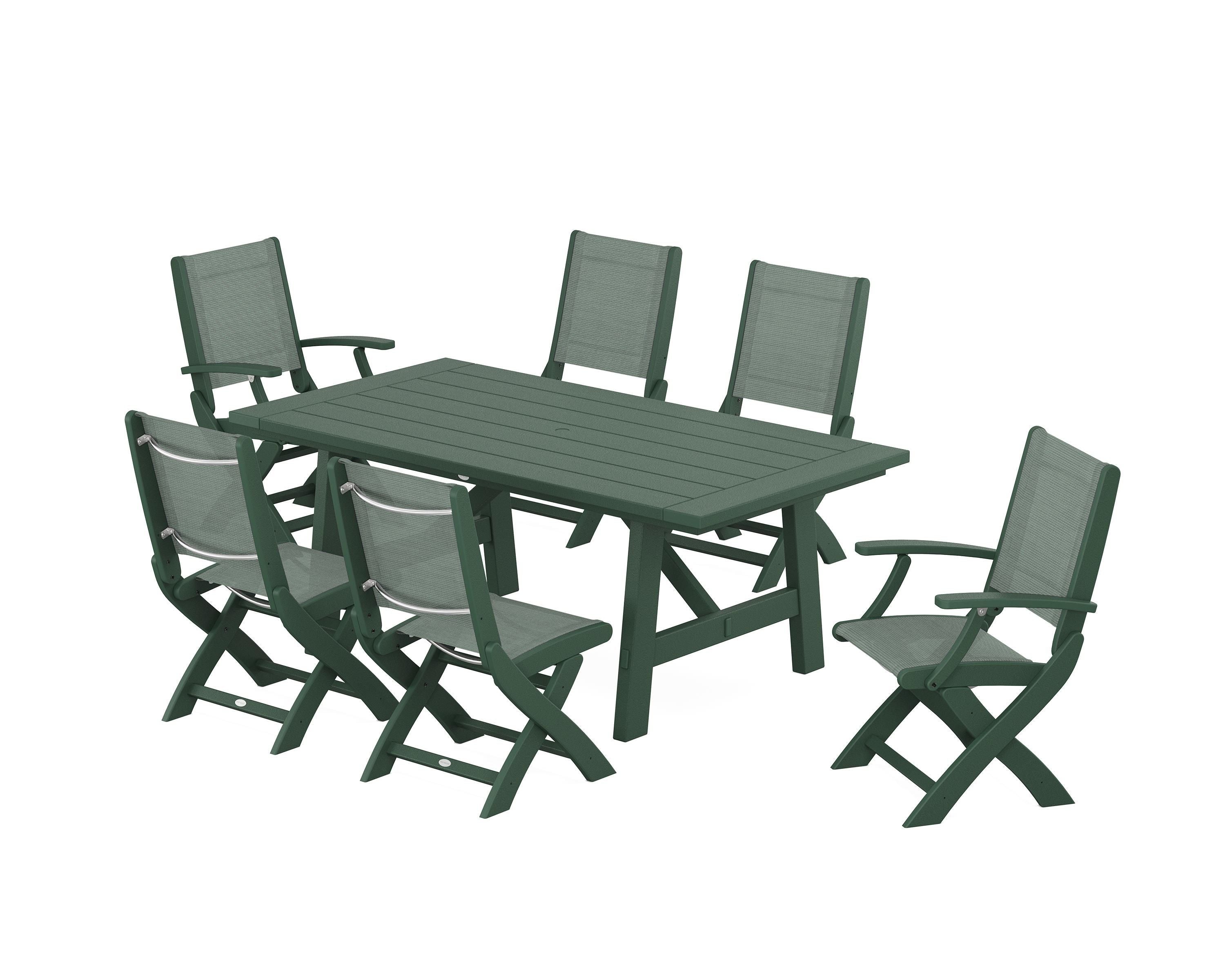 POLYWOOD® Coastal Folding Chair 7-Piece Rustic Farmhouse Dining Set in Green / Dupioni Sea Mist Sling