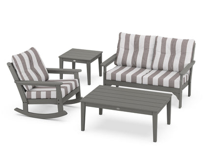 POLYWOOD® Vineyard 4-Piece Deep Seating Rocker Set in Slate Grey / Cabana Stripe Grey Mist