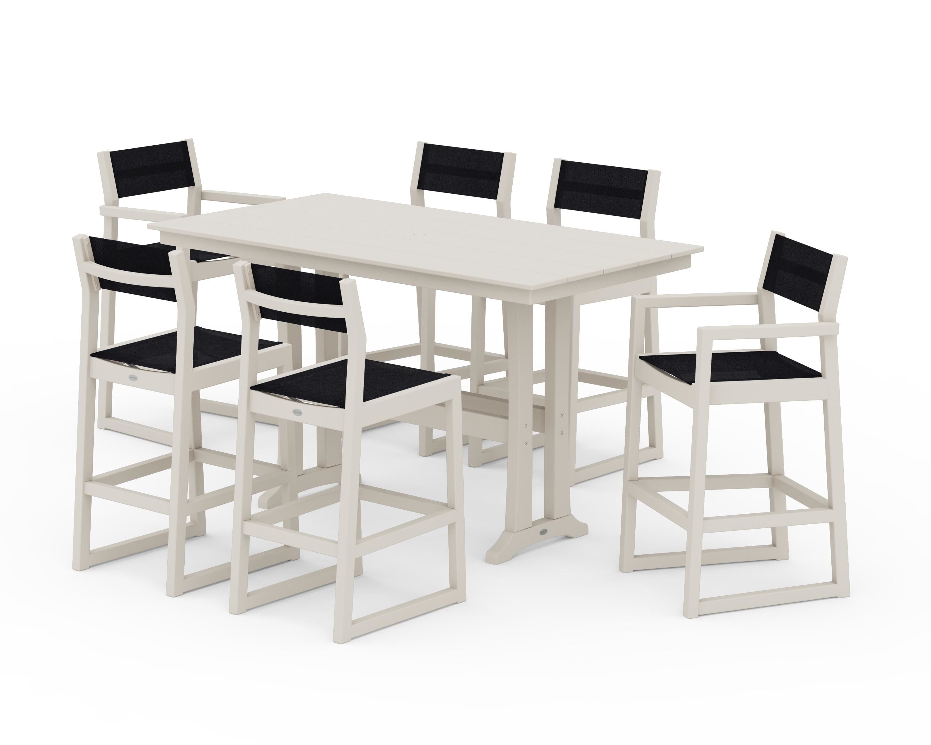 POLYWOOD® EDGE Sling 7-Piece Farmhouse Bar Set with Trestle Legs in Sand / Black Sling