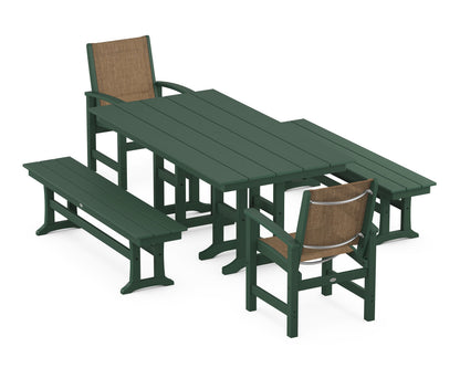 POLYWOOD® Coastal 5-Piece Farmhouse Dining Set in Green / Burlap Sling