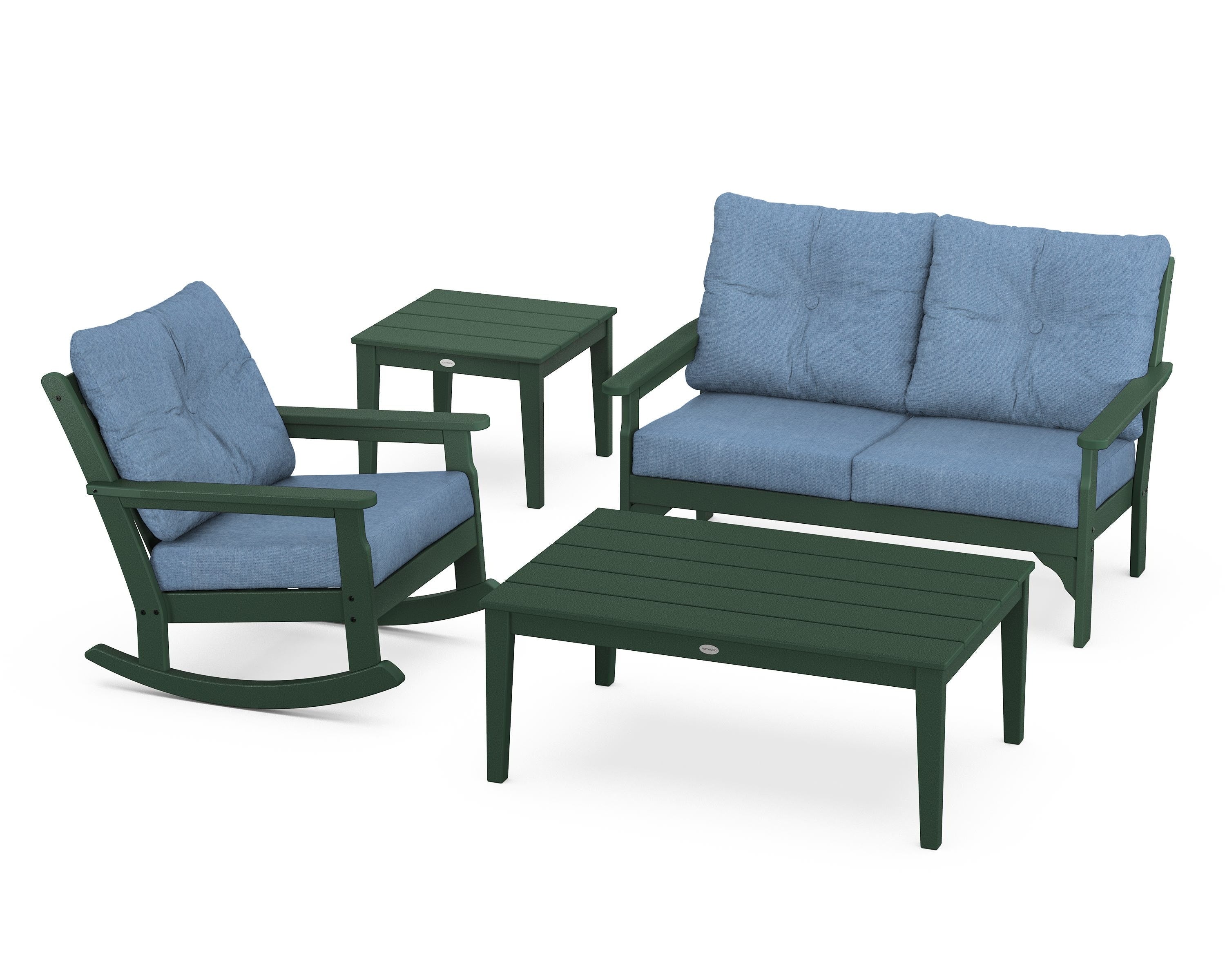 POLYWOOD® Vineyard 4-Piece Deep Seating Rocker Set in Green / Sky Blue