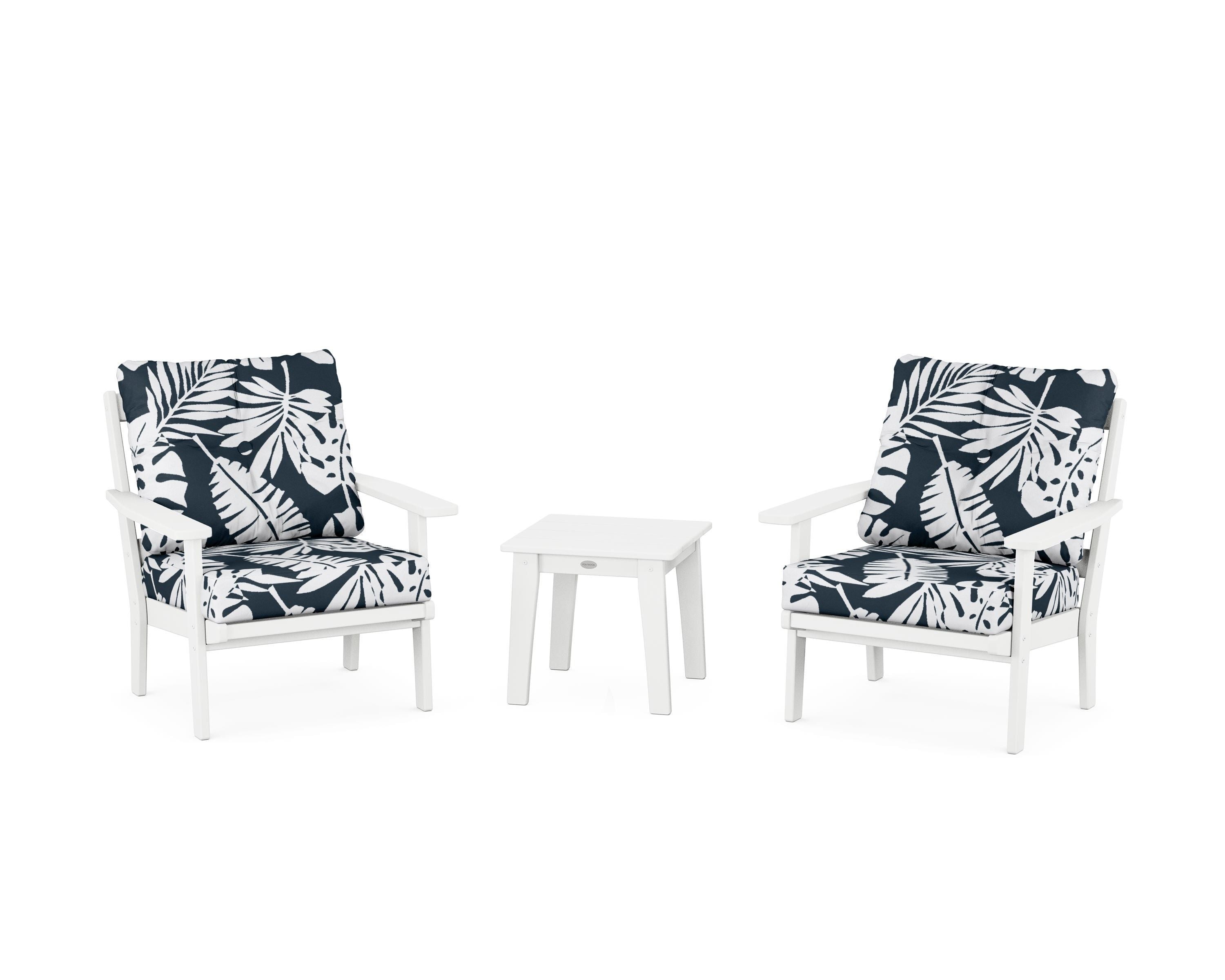 POLYWOOD® Oxford 3-Piece Deep Seating Set in White / Leaf Marine Indigo