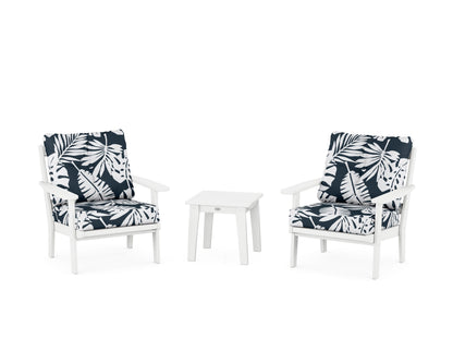 POLYWOOD® Oxford 3-Piece Deep Seating Set in White / Leaf Marine Indigo
