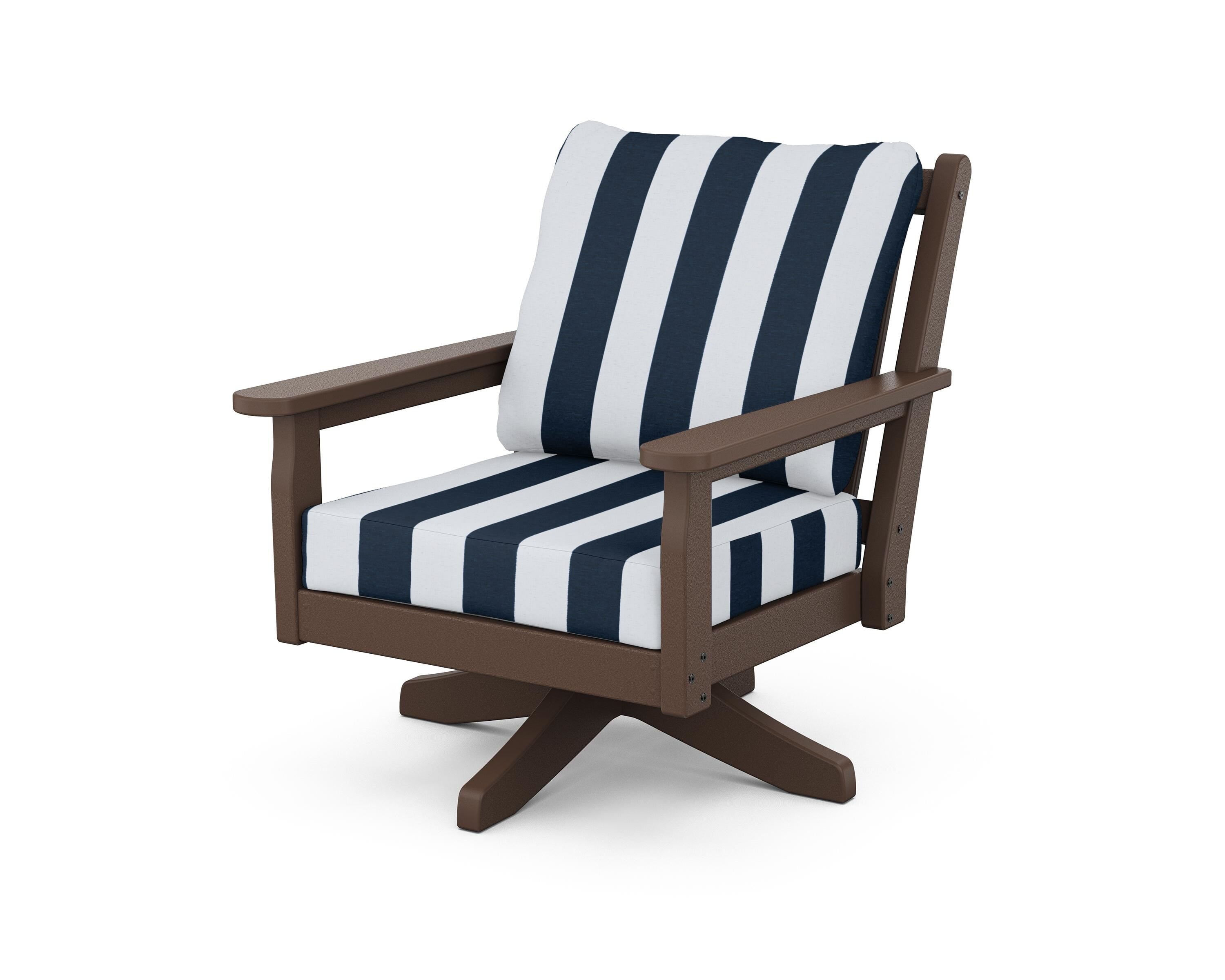POLYWOOD® Chippendale Deep Seating Swivel Chair in Mahogany / Cabana Stripe Marine Indigo