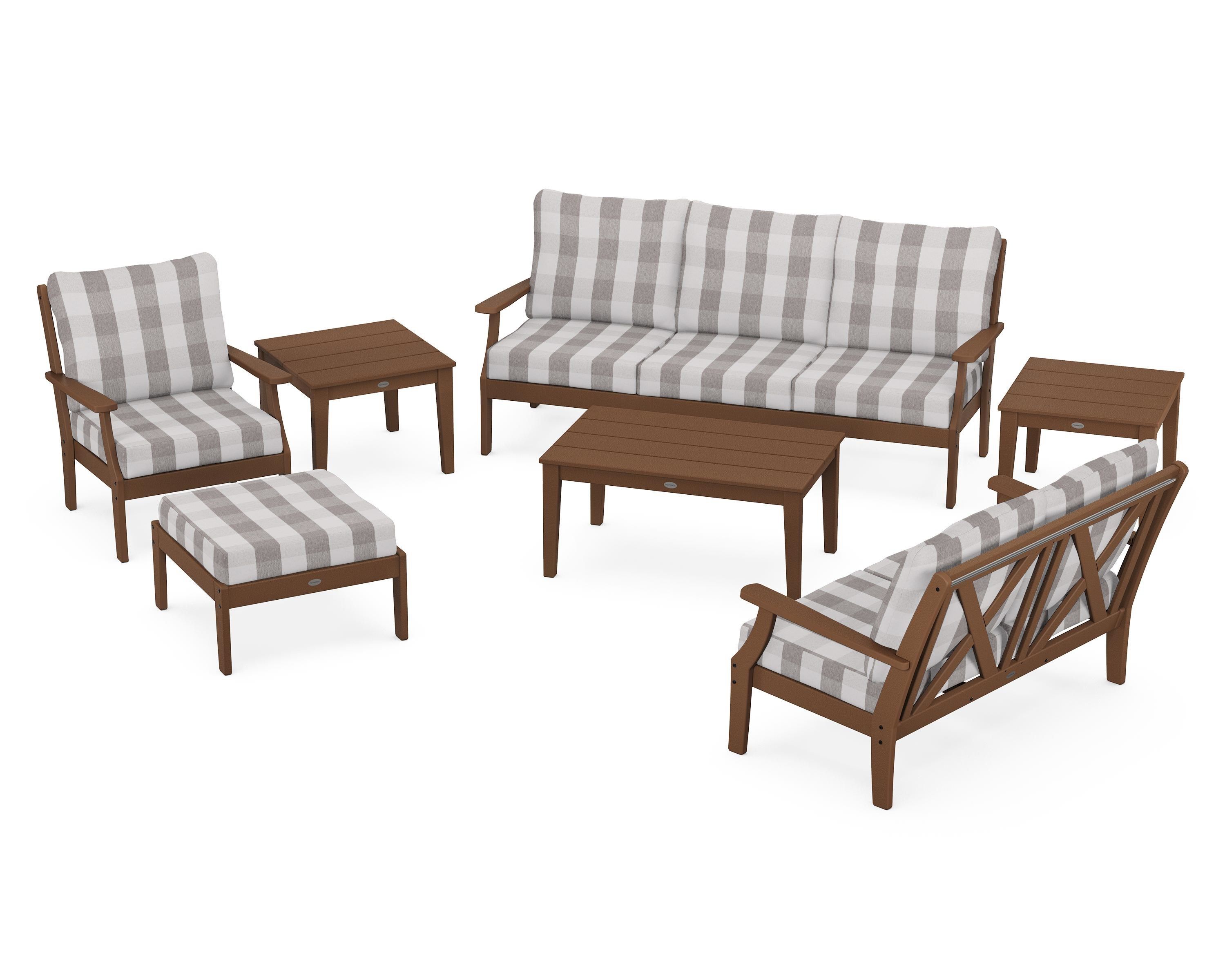 POLYWOOD® Braxton 7-Piece Deep Seating Set in Teak / Buffalo Plaid Grey Mist