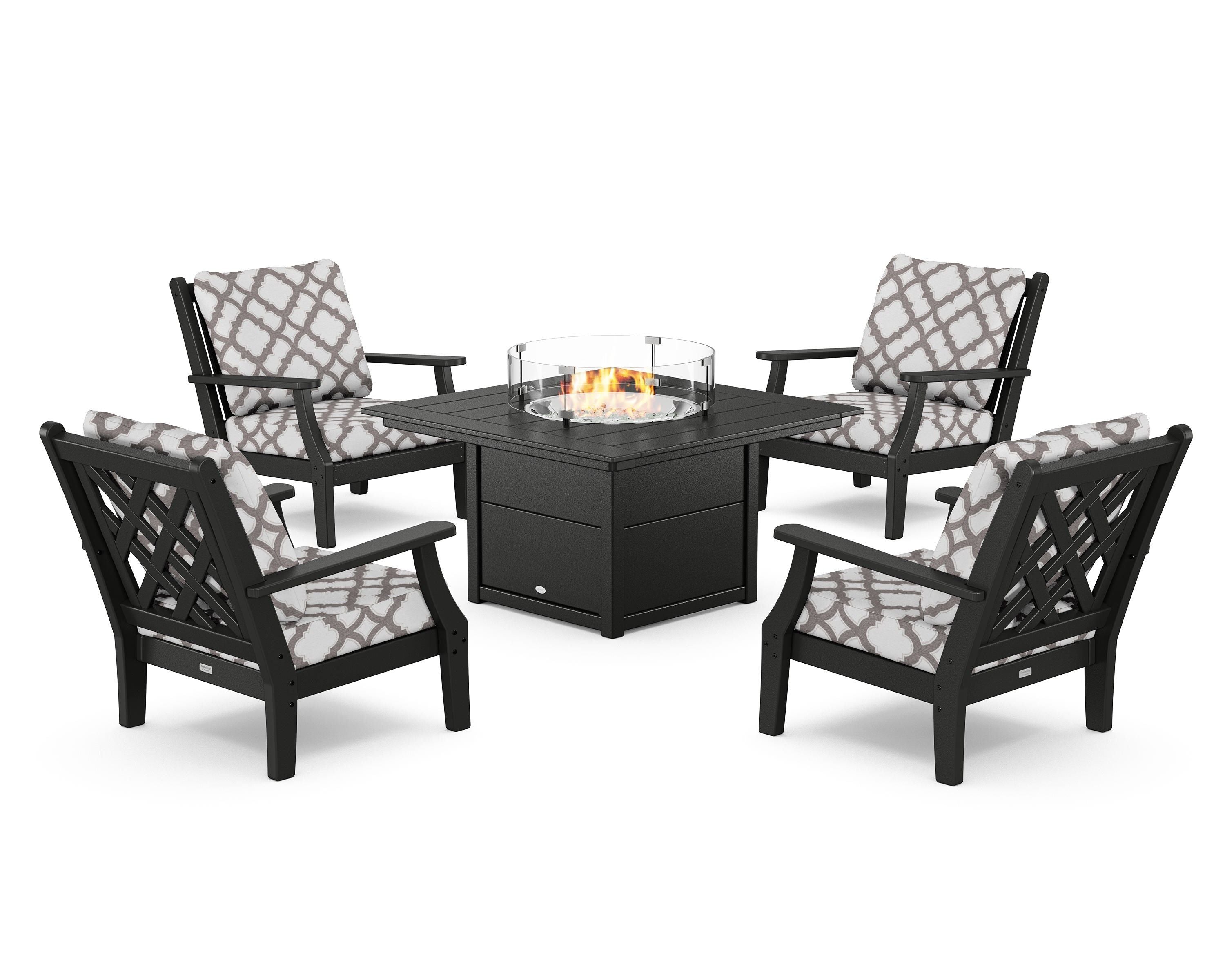 Country Living Wovendale 5-Piece Deep Seating Set with Fire Pit Table in Black / Trellis Grey Mist