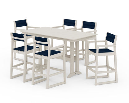 POLYWOOD® EDGE Sling Arm Chair 7-Piece Farmhouse Bar Set with Trestle Legs in Sand / Navy Blue Sling