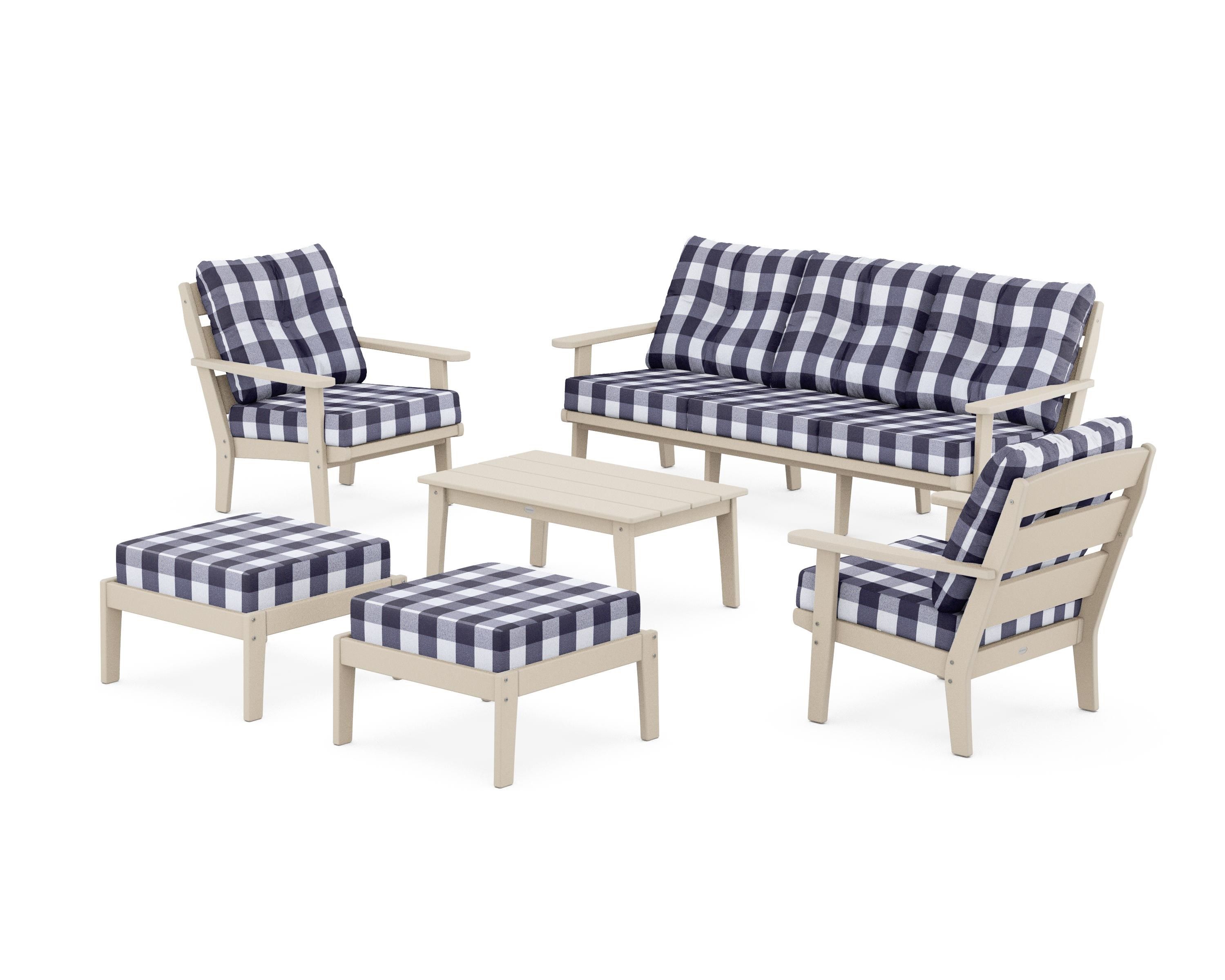 POLYWOOD® Lakeside 6-Piece Lounge Sofa Set in Sand / Buffalo Plaid Navy