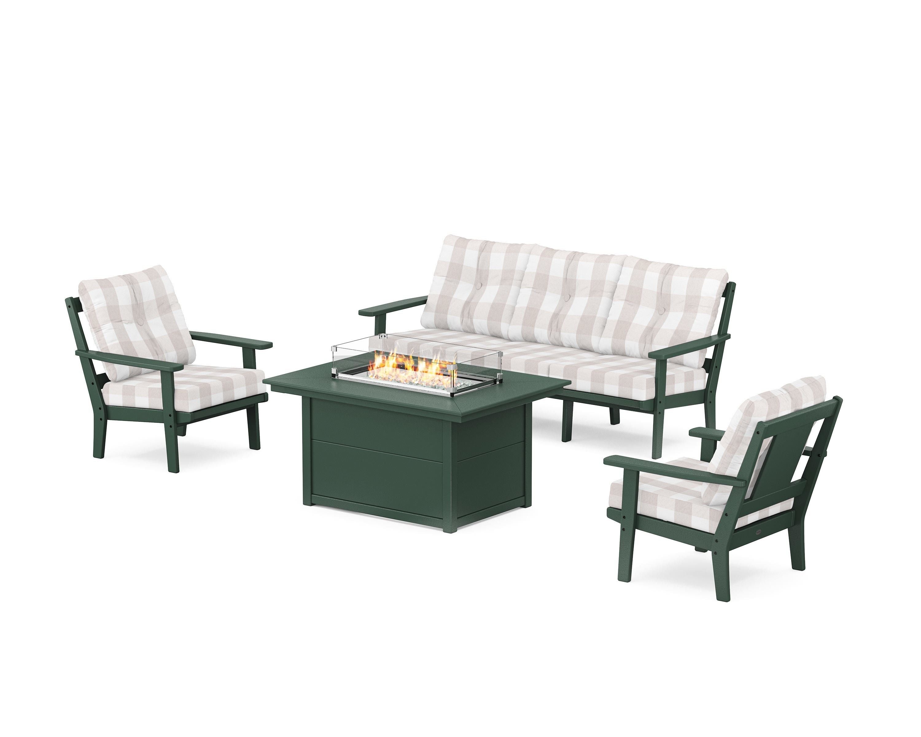 POLYWOOD® Prairie Deep Seating Fire Pit Table Set in Green / Buffalo Plaid Dune Burlap