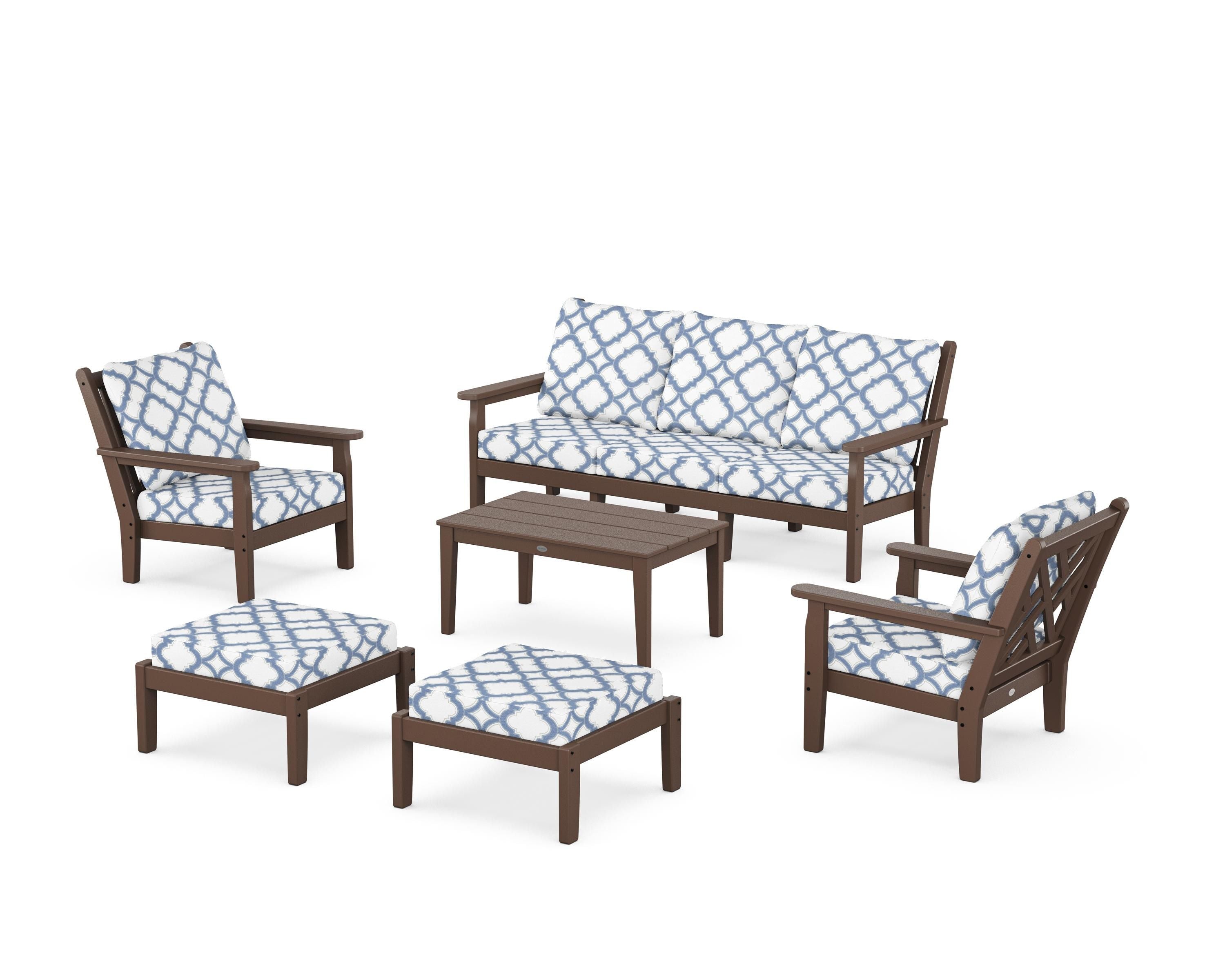 POLYWOOD® Chippendale 6-Piece Lounge Sofa Set in Mahogany / Trellis Sky Blue