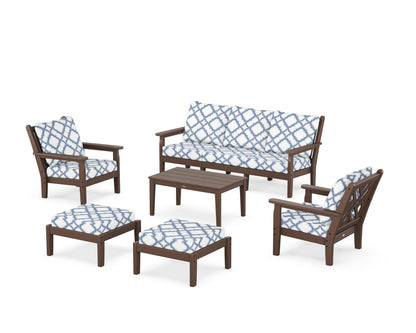 POLYWOOD® Chippendale 6-Piece Lounge Sofa Set in Mahogany / Trellis Sky Blue