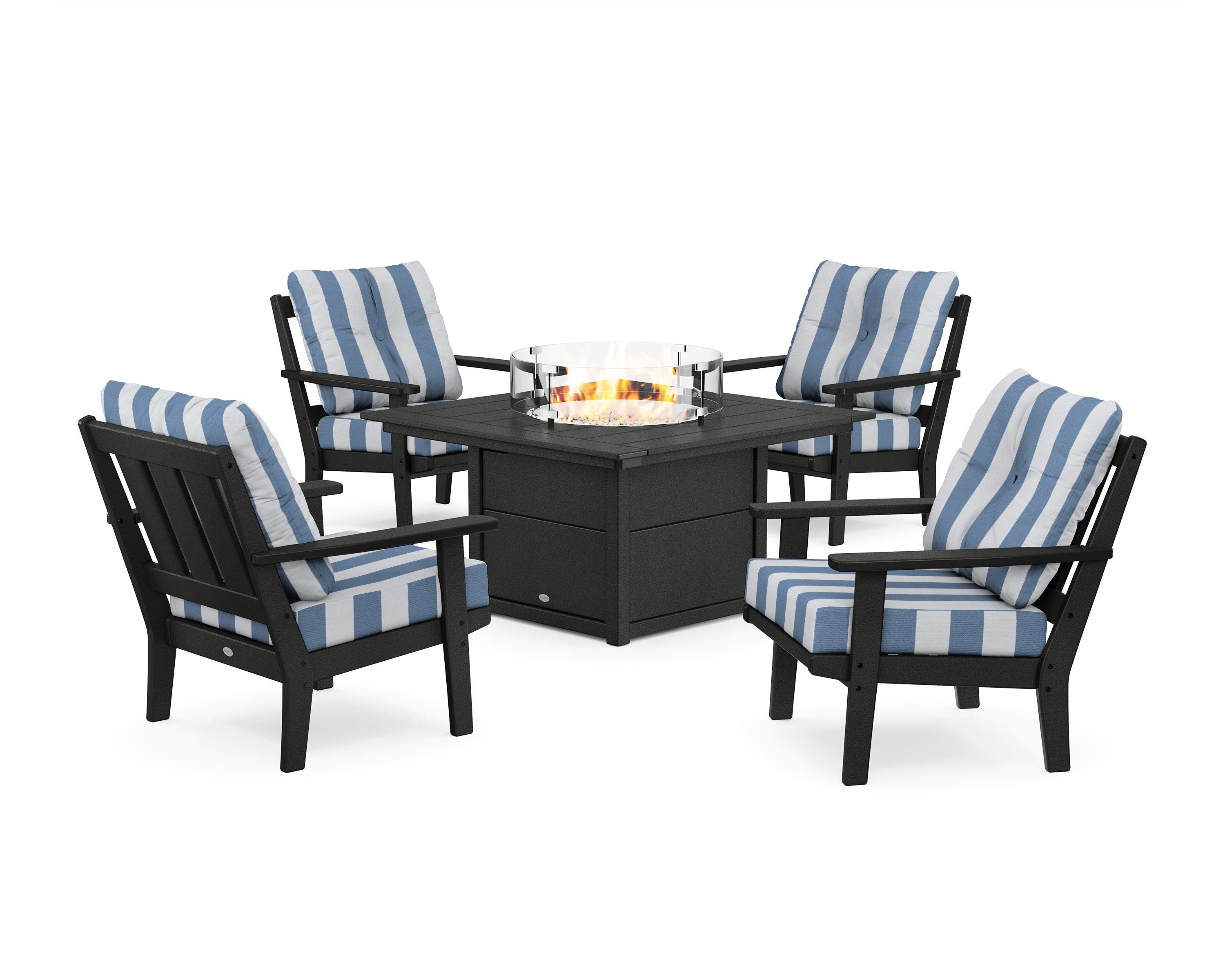 POLYWOOD® Oxford 5-Piece Deep Seating Set with Fire Pit Table in Black / Cabana Stripe Sky Blue