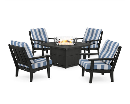 POLYWOOD® Oxford 5-Piece Deep Seating Set with Fire Pit Table in Black / Cabana Stripe Sky Blue
